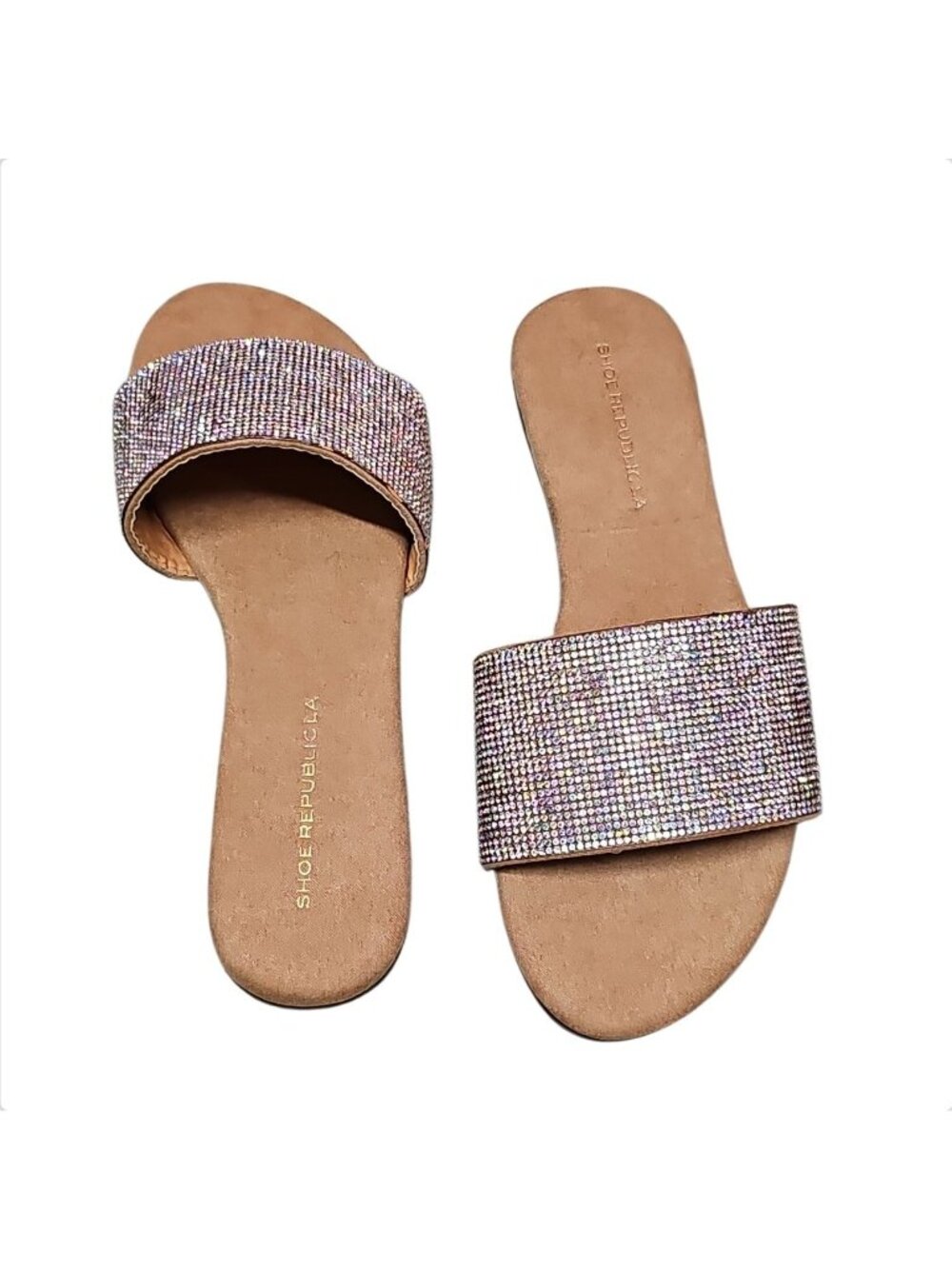 Rhinestone Embellished Slide Sandals Womens Sparkling Flat Slip-On Shoes